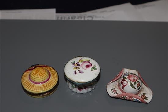 Two hat shaped pill boxes, one Limoges and an early 19th century English enamelled patch box